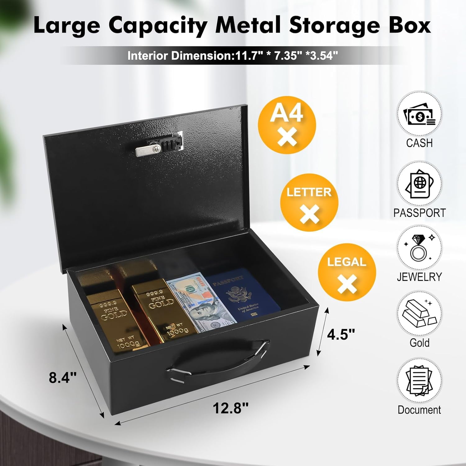 Fireproof Document Box with Key Lock, Large Safe Storage Box for Valuables, Fire Resistance Security Chest, Lock Box for Passport, Cash, Tablet 12.9'' x 10.7'' x 4.2'' Black