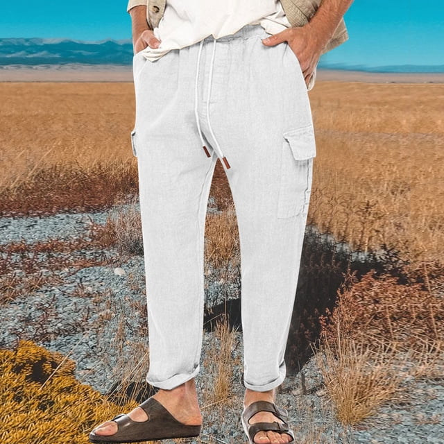 Pantalones largos de algodón y lino para hombre con cintura elástica y cordón ajustable, pantalones casuales de uso diario, pantalones deportivos, pantalones para hombre