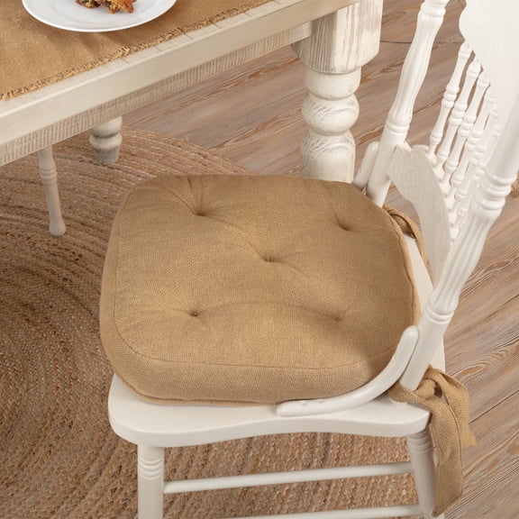 VHC Brands Burlap Chair Pad Dining Room, Kitchen Seat Cushion 15x15 Features Ties in Natural Tan