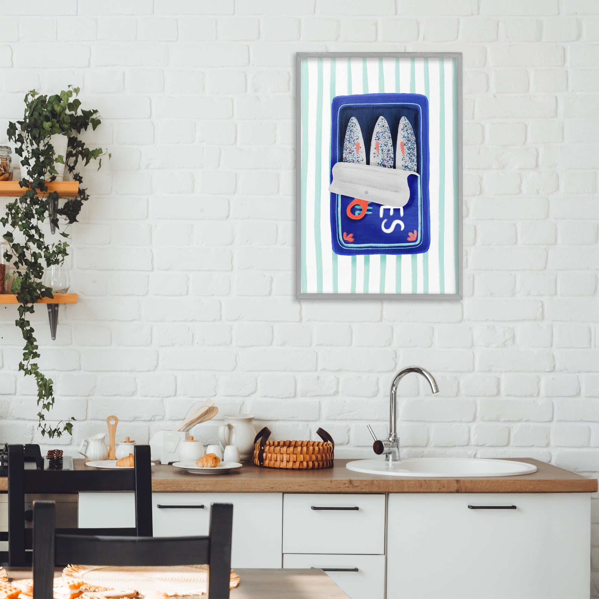 Stupell Industries Blue Sardines on Stripes Gray Framed Giclee Art, design by Metka Hiti