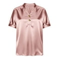 thumbnail image 6 of Otntypg Women Silk Satin Tops Cap Short Sleeve Blouse Elegant Dressy Button V Neck Work Tunic Shirts Business Casual Outfits Pink XL, 6 of 8