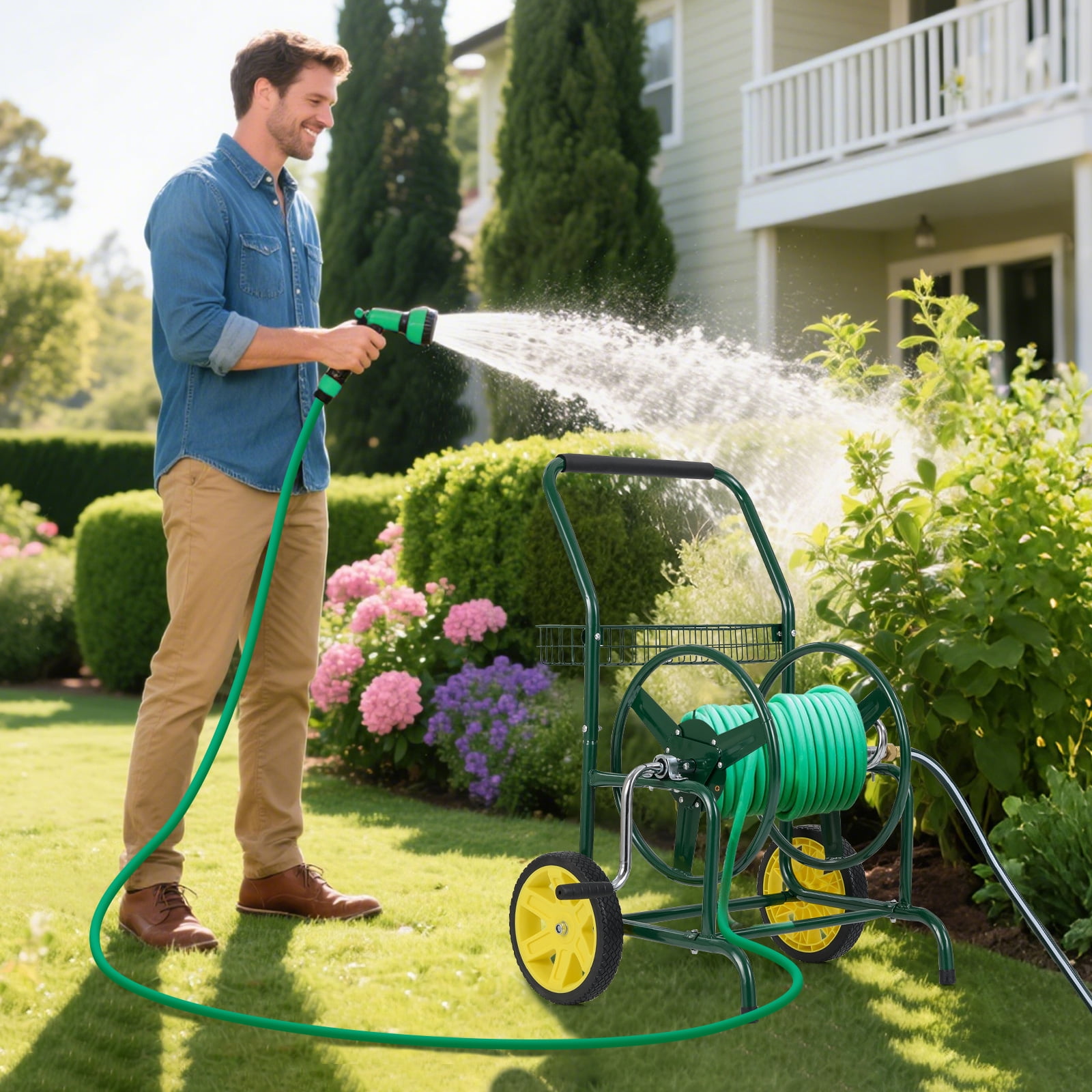Gymax Garden Hose Reel Cart 230 FT of 5/8'' Large Capacity w/ 2 Wheels Storage Basket Green