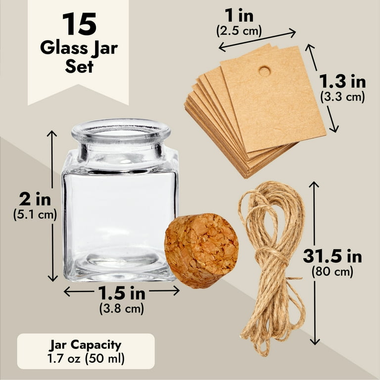 15 Pack Small Glass Bottles with Cork Stoppers - 1.7 oz (50ml) Mini Jars  with Twine and Blank Tags for Gift Favors, Spices, Crafts