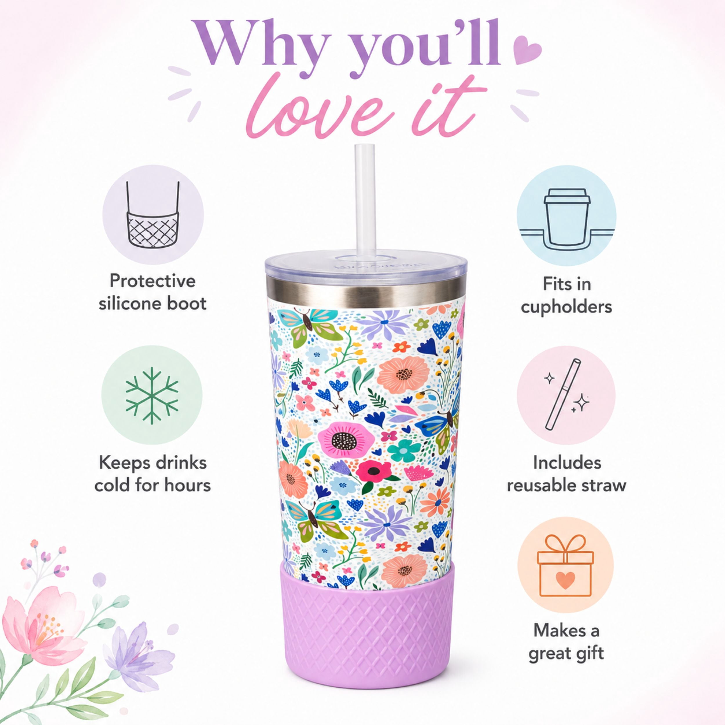 Biddlebee 20oz Insulated Stainless Steel Tumbler with Straw and Silicone Boot, Garden Blooms