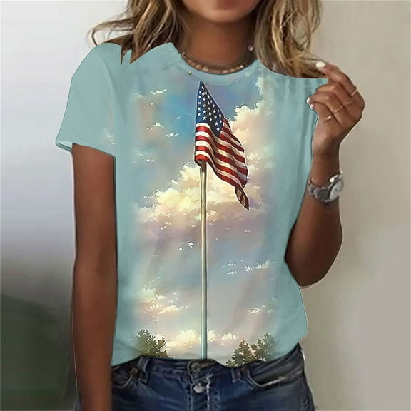 Cavosen Red White and Blue Shirts for Women Petite 4th of July Short Sleeve Round Neck Shirts USA Flag Print Shirts Lady XL Red White and Blue Casual Tops Patriotic Tunic Tees Patriotic Blouses
