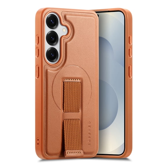 ELEHOLD Case for Samsung Galaxy S26, Shockproof Leather Texture Case with Wristband Grip, Compatible with Magnetic Accessories,Brown