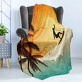 thumbnail image 4 of Grunge Soft Flannel Fleece Blanket, Illustration of Tropical Island Surfer on Sea Waves and Palms at Sunset, Cozy Plush for Indoor and Outdoor Use, 50" x 70", Orange Turquoise Black, by Ambesonne, 4 of 5