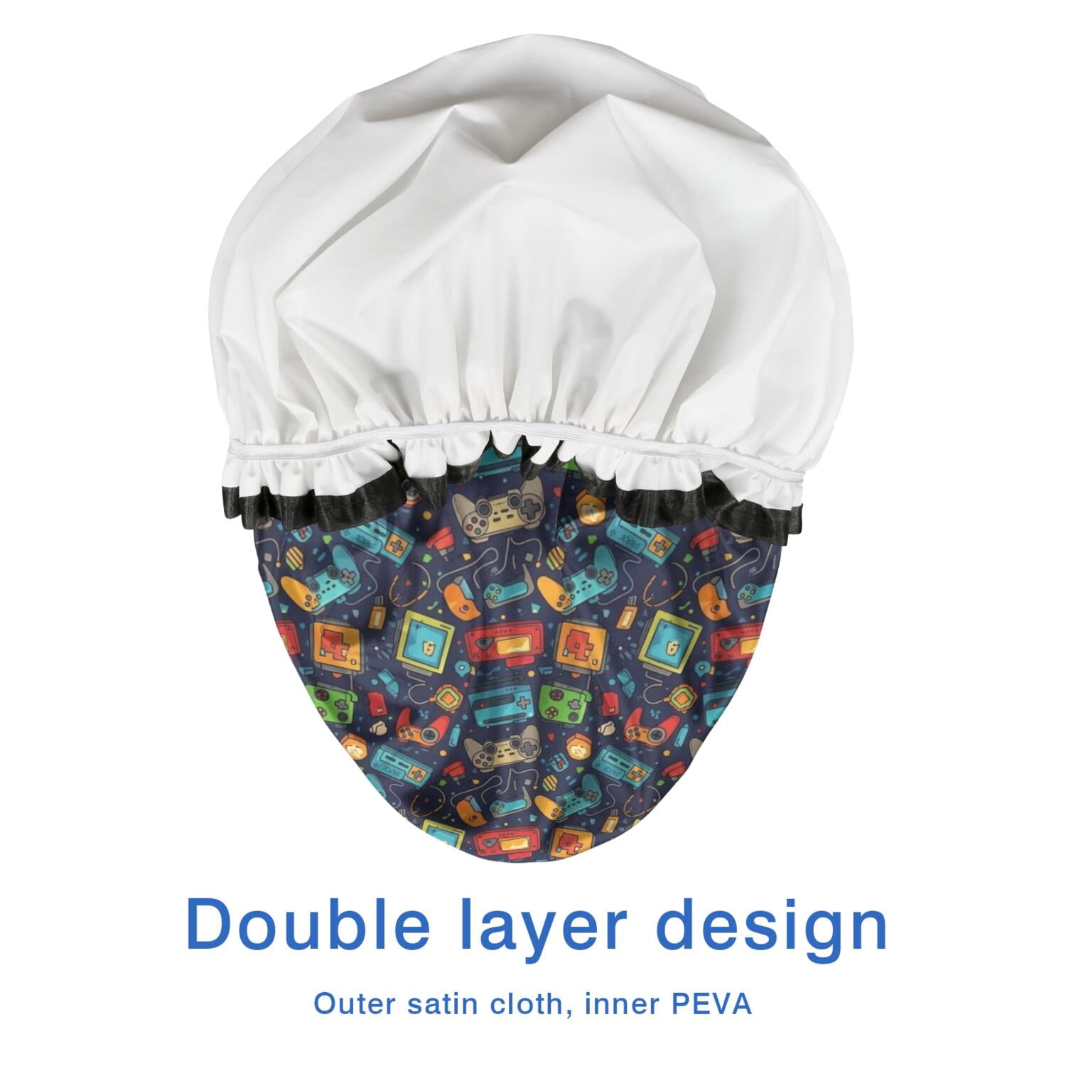 Shower Caps,Colorful Games Retro Black Pattern Waterproof Shower Cap for Women 4 Pieces,Double Reusable Hair Cover for Shower PEVA Elastic Stretch Hem
