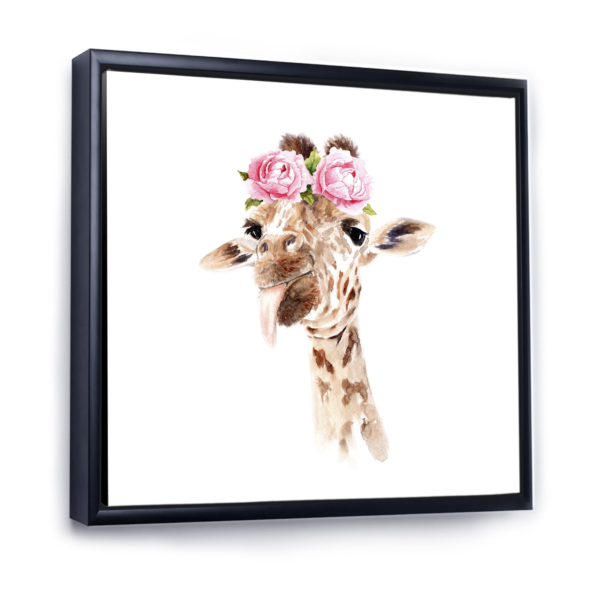Designart 'Portrait of A Giraffe With Pink Flowers' Farmhouse Framed Canvas Wall Art Print