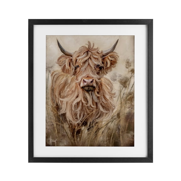 Curly Haired Highland Cattle Black Framed Print Under Glass, design by Ashley Bradley
