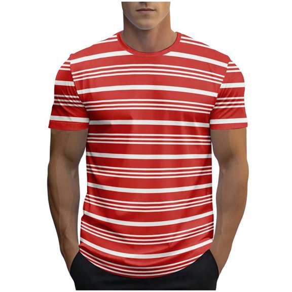 Swuxness Men's Short Sleeve Crew Neck Shirt Stripe Print Pullover Fitness Casual Sports Top