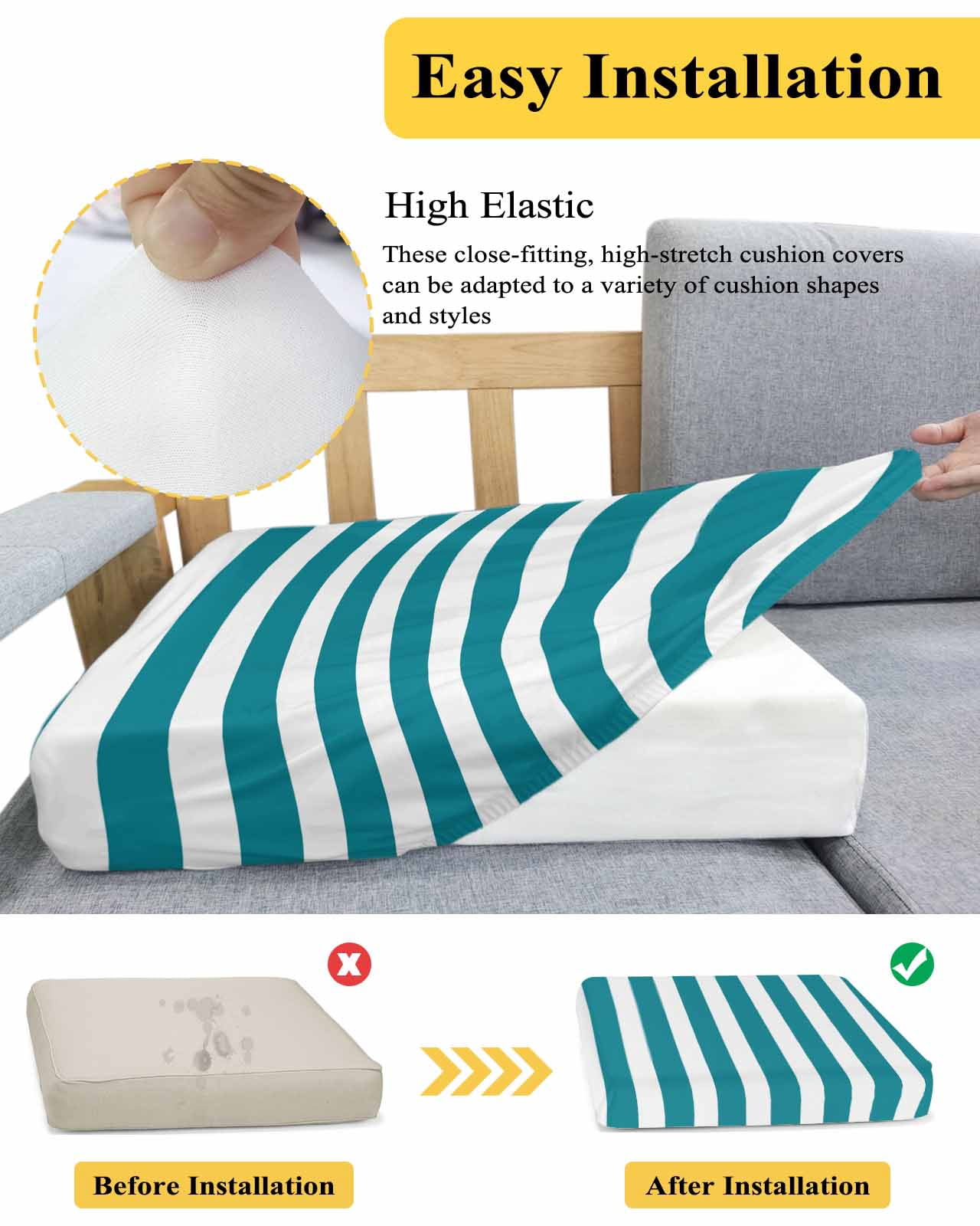Teal Striped Couch Cushion Covers,Stretch Seat Cushion Covers for Sectional Sofa,Simple Art Vertical Stripe Farmhouse Individual Sofa&nbsp;Slipcovers Furniture Protector with Elastic&Straps 1Pcs,S