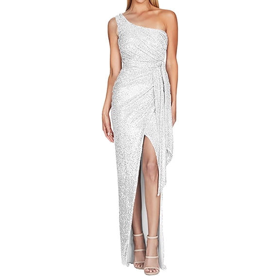 Telankuip Women's Sleeveless One Shoulder Dress High Waisted Slit Hem Sequined Maxi Evening Formal Dresses Trendy Solid Color Fitted Stylish Outfits White S