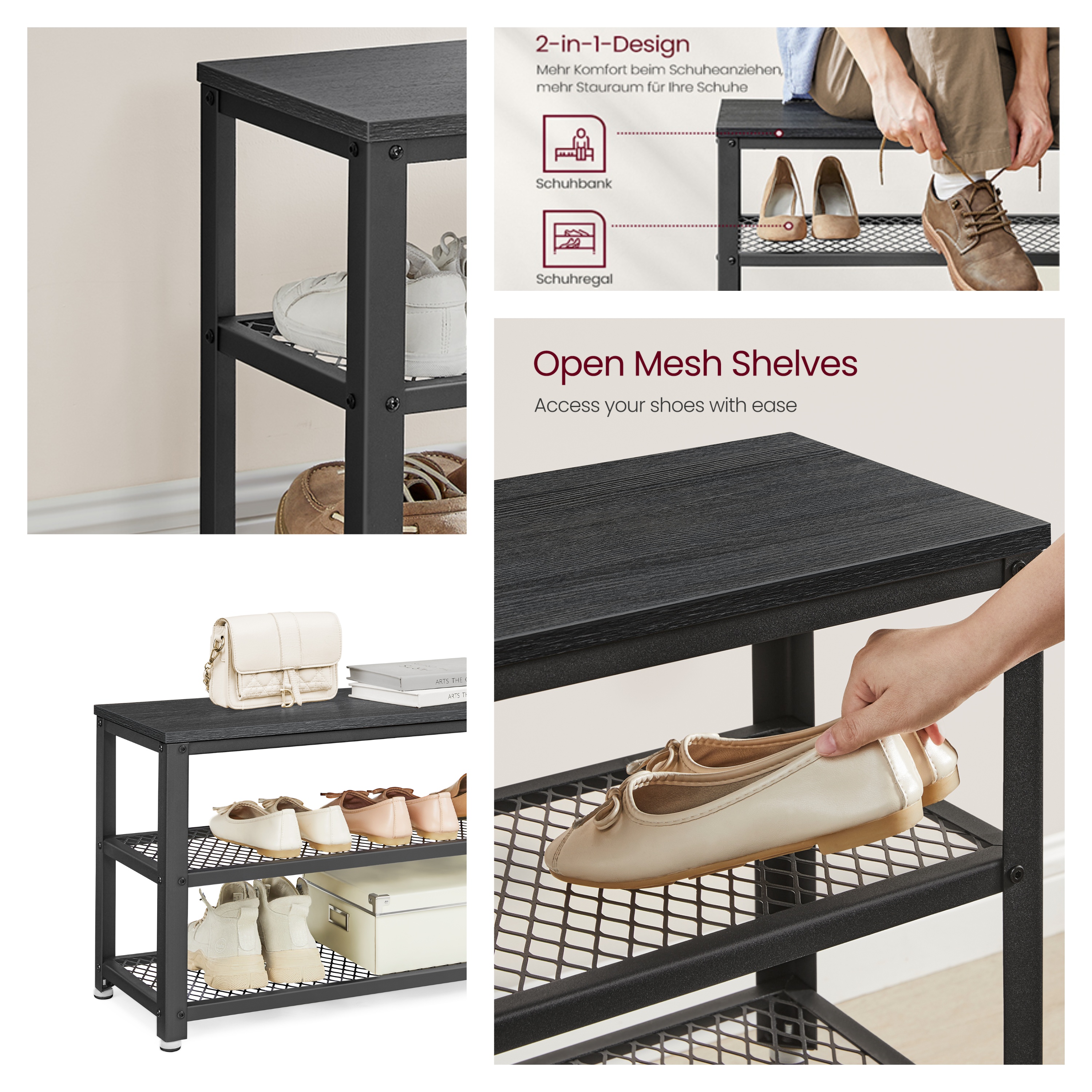 LEDREM 3-Tier Shoe Rack Bench with Seat , Free Standing Shoe Organizer Storage Shelf for Entryway Hallway , Holds 6-8 Pairs , Black