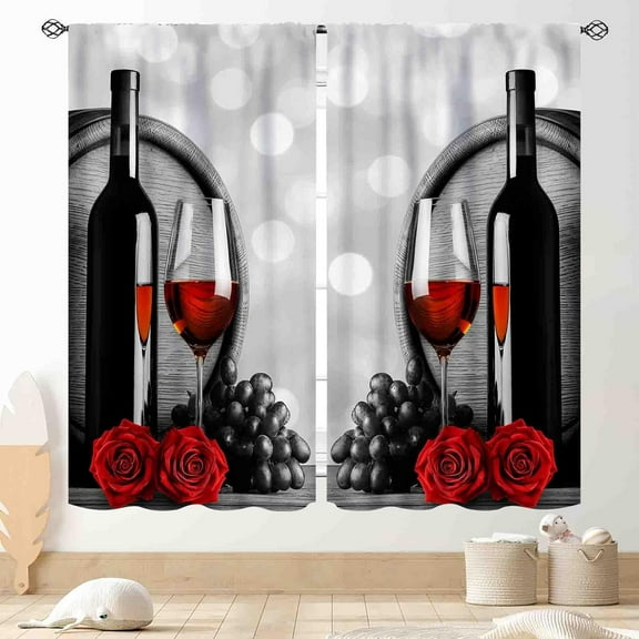 Red Wine Kitchen Curtains, Rustic Romantic Rose Floral Country Style Farmhouse Grape Wine Glass Retro Vintage Blackout Window Drapery for Dining Room Bedroom Living Room 2 Panels, 55"x63" Inch