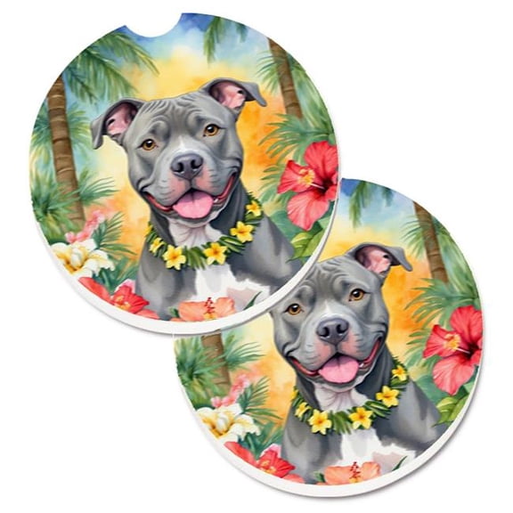 Carolines Treasures DAC6491CARC 2.5 x 2.5 in. Pit Bull Terrier Luau Cup Holder Car Coasters - Set of 2