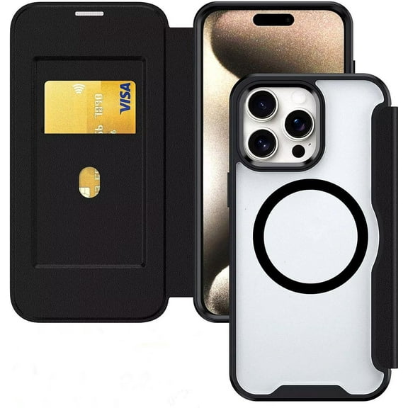 Case for iPhone 16 Pro,Clear Back Design Heavy Duty Drop Protection Anti Theft Flip Leather Wallet Card Holder Shockproof with Wireless Charge Phone Case for iPhone 16 Pro,6.3 inch 2024 (Black)