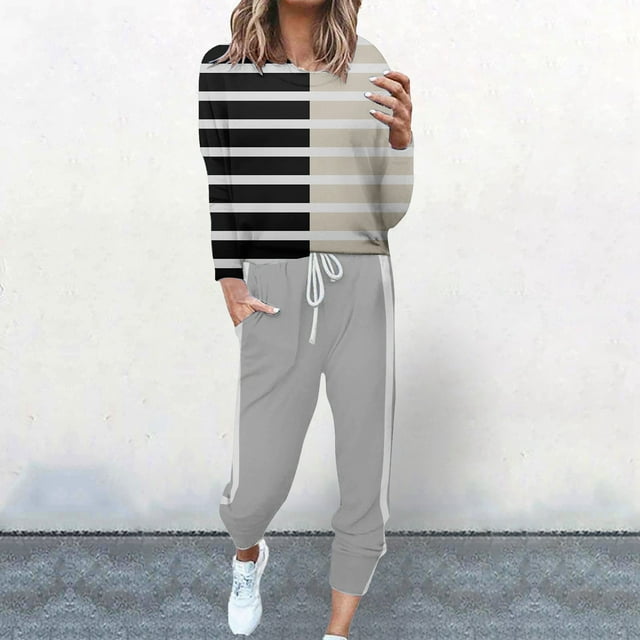 VBARHMQRT Tenue de Danseuse Orientale Automne Tenues d'Affaires pour Femmes 2024 Mode Féminine Ensemble Pantalon Décontracté à Rayures Color Block Col Rond Manches Longues Lacé Deux Pièces