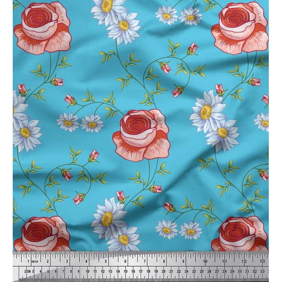 Soimoi Cotton Duck Fabric Leaves & Daisy Floral Print Fabric by Yard 42 Inch Wide