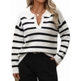 thumbnail image 3 of Women'S Striped Sweater Trendy V Neck Long Sleeve Knit Pullover Loose Jumper Tops Knitwear White XL, 3 of 9