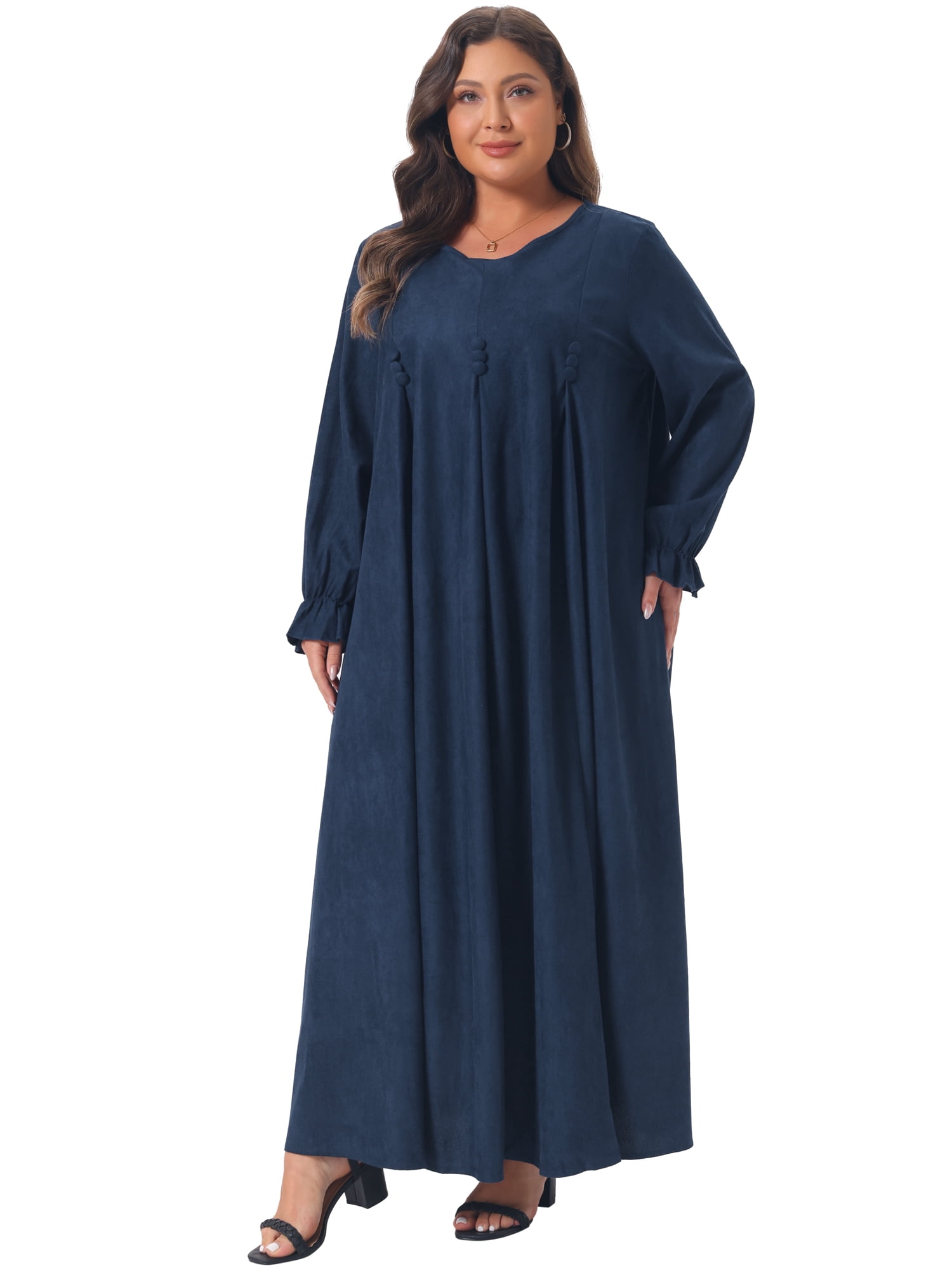 DARING DIVA Women's Plus Faux Suede Crew Neck Long Sleeve Maxi Dress 3X Dark Blue