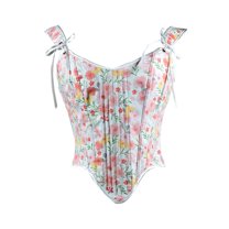 Vintage Floral Corset Tops for Women Tie Shoulder Renaissance Lace Up Bustiers Overbust Shaper Tank Corsets Light Pink, XL