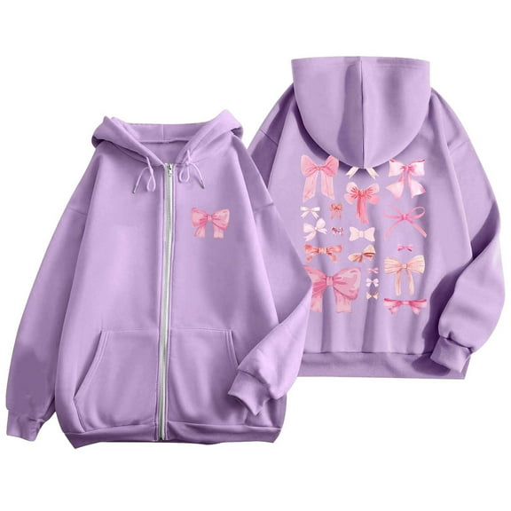 Women's Fashion Bow Print Zipper Long Sleeve Pocket Drawstring Casual Sports Hoodie Winter Coats for plus Size Women Womens Coats plus Size Insulating Jacket Women Windbreakers for Women plus Size