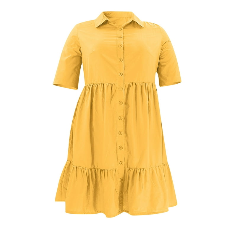 THDHVS Dresses for Women,Linen Dress,Plus Size Women Solid Color Shirt Dress Short Sleeve Button Front Collared Yellow THDHVS Dresses for Women,Linen Dress,Plus Size Women Solid Color Shirt Dress Short Sleeve Button Front Collared Yellow