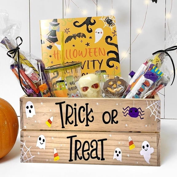 VOLAPILAR Halloween Wooden Candy Storage Box,12in Wood Trick or Treat Tray,Farmhouse Desktop Decor,Front Door Snack Holder for Halloween Party Dessert Display