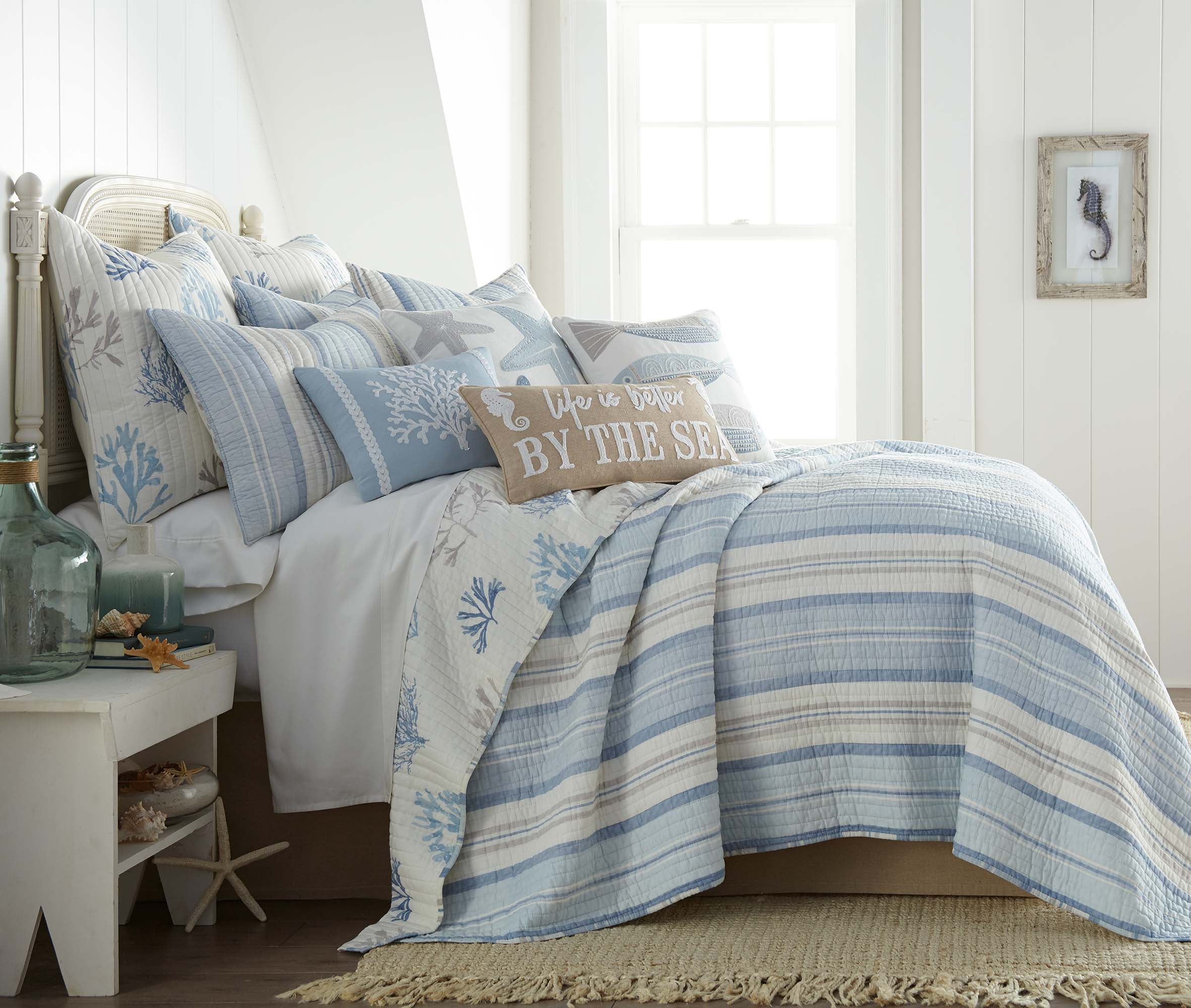 Levtex Home - Ipanema Quilt Set - King Quilt + Two King Pillow Shams - Coastal - Blue, Taupe and Cream - Quilt Size (106x92in.) and Pillow Sham Size (36x20in. ) - Reversible - Cotton Fabric
