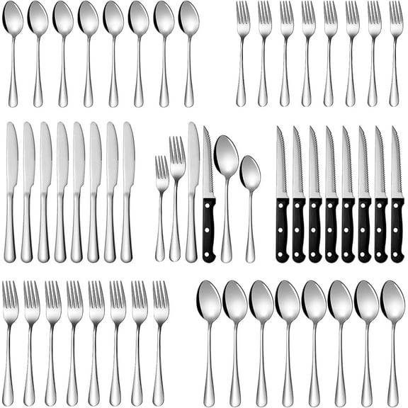 Silverware Set, 48 Piece Stainless Steel Flatware Cutlery Set Service for 8, Include Knife Fork Spoon, Stylish Mirror Finish, Dishwasher Safe Perfect for Home Kitchen Restaurant, Silver