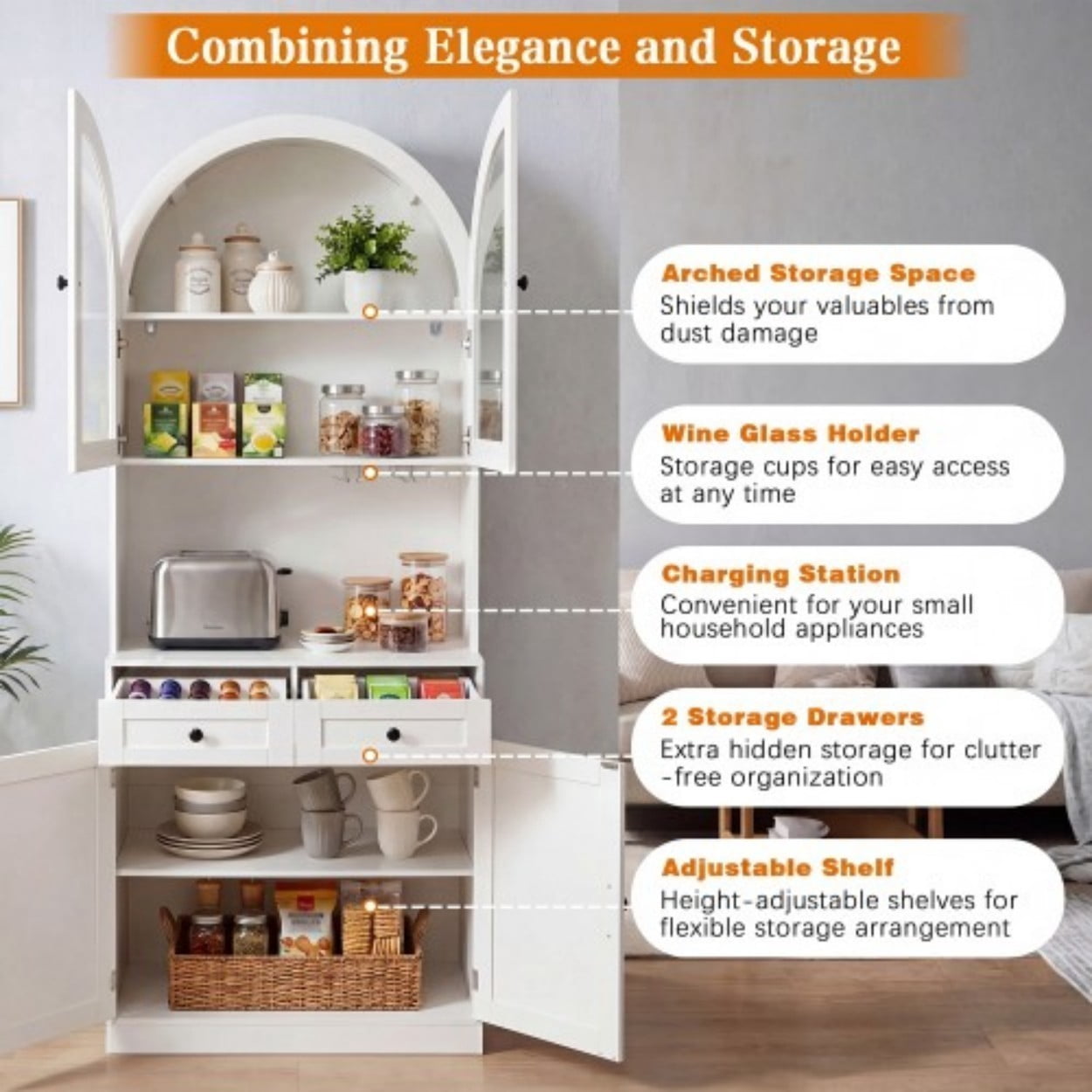 75" Farmhouse Tall Arched Pantry Cabinet with Charging Station, Coffee Bar Countertop, Adjustable Shelves & Drawer, Freestanding Kitchen Storage Cabinet for Dining Room Living Room, White