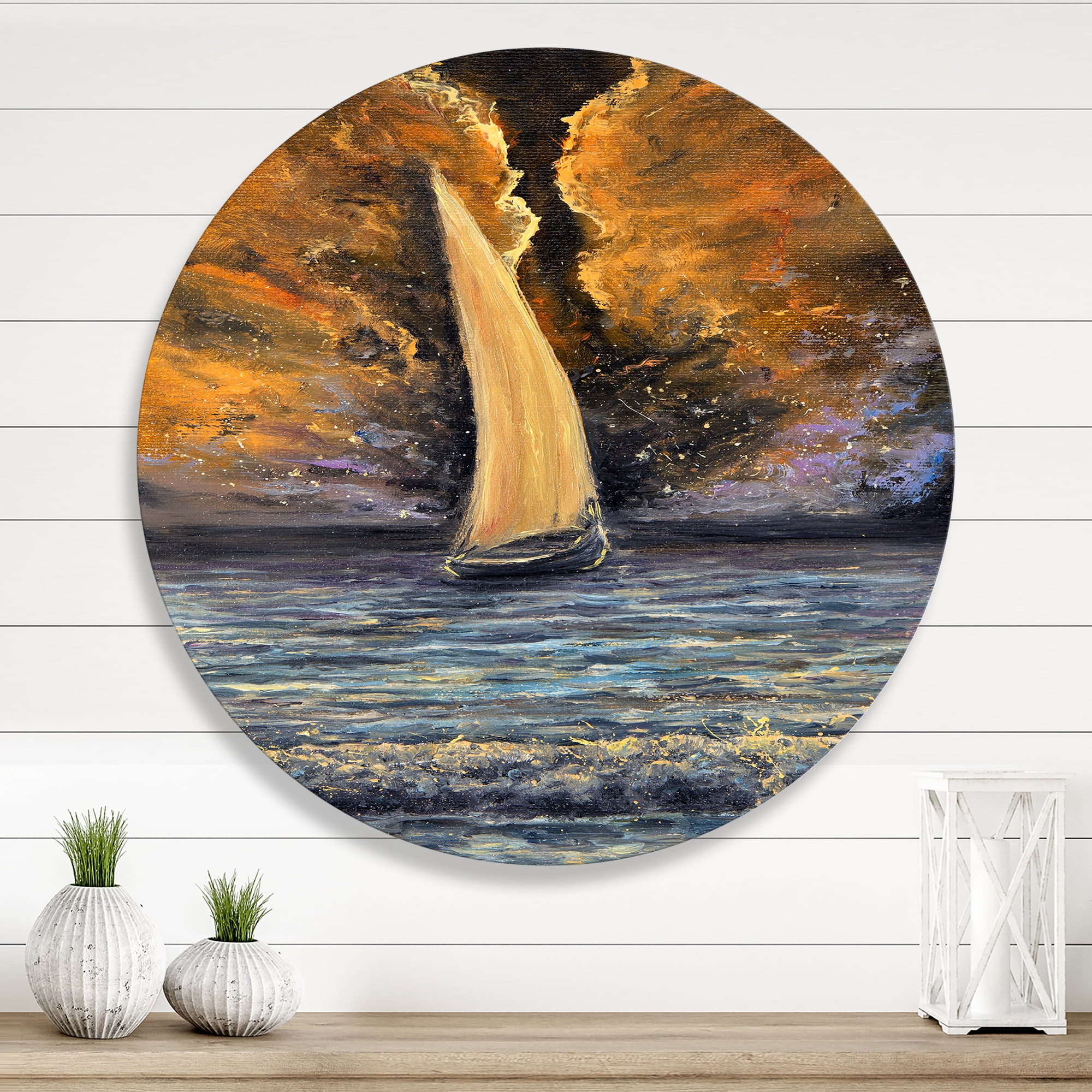 Designart 'Sailship On The Ocean At Morning' Nautical & Coastal Circle Metal Wall Art 23x23 - Disc of 23