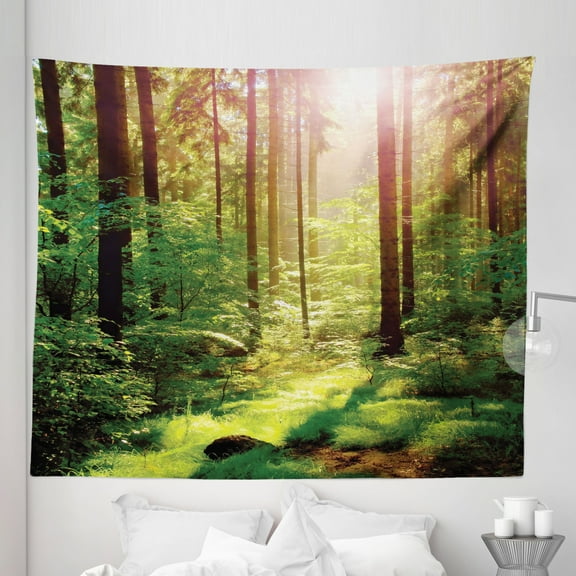 Forest Tapestry, Forest in Spring Time Sunset Moss Woods Leaf Wilderness Fantasy View Print, Fabric Wall Hanging Decor for Bedroom Living Room Dorm, 5 Sizes, Green Brown, by Ambesonne