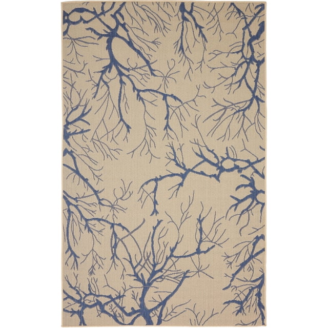 Unique Loom Botanical Collection Abstract Pictorial Transitional Indoor and Outdoor Flatweave Area Rug, 5 x 8 Feet, Beige/Navy Blue