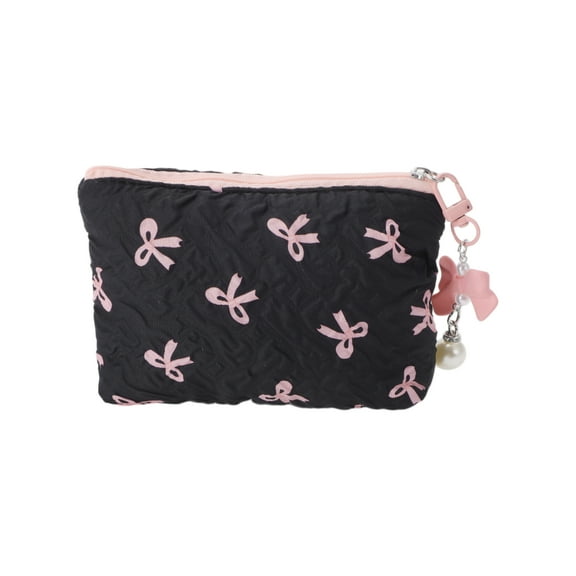 Unique Bargains 1 Pc Dumpling Bag with Pendant Bow Makeup Bag Black Pink Polyester