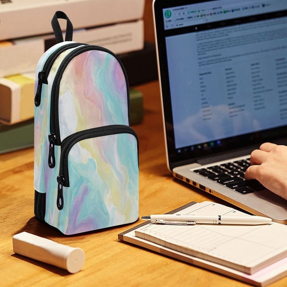 Backpack Pencil Case, 3 Compartment Large Capacity Oxford Fabric Pencil Pouch / Whimsical Marble Pastels