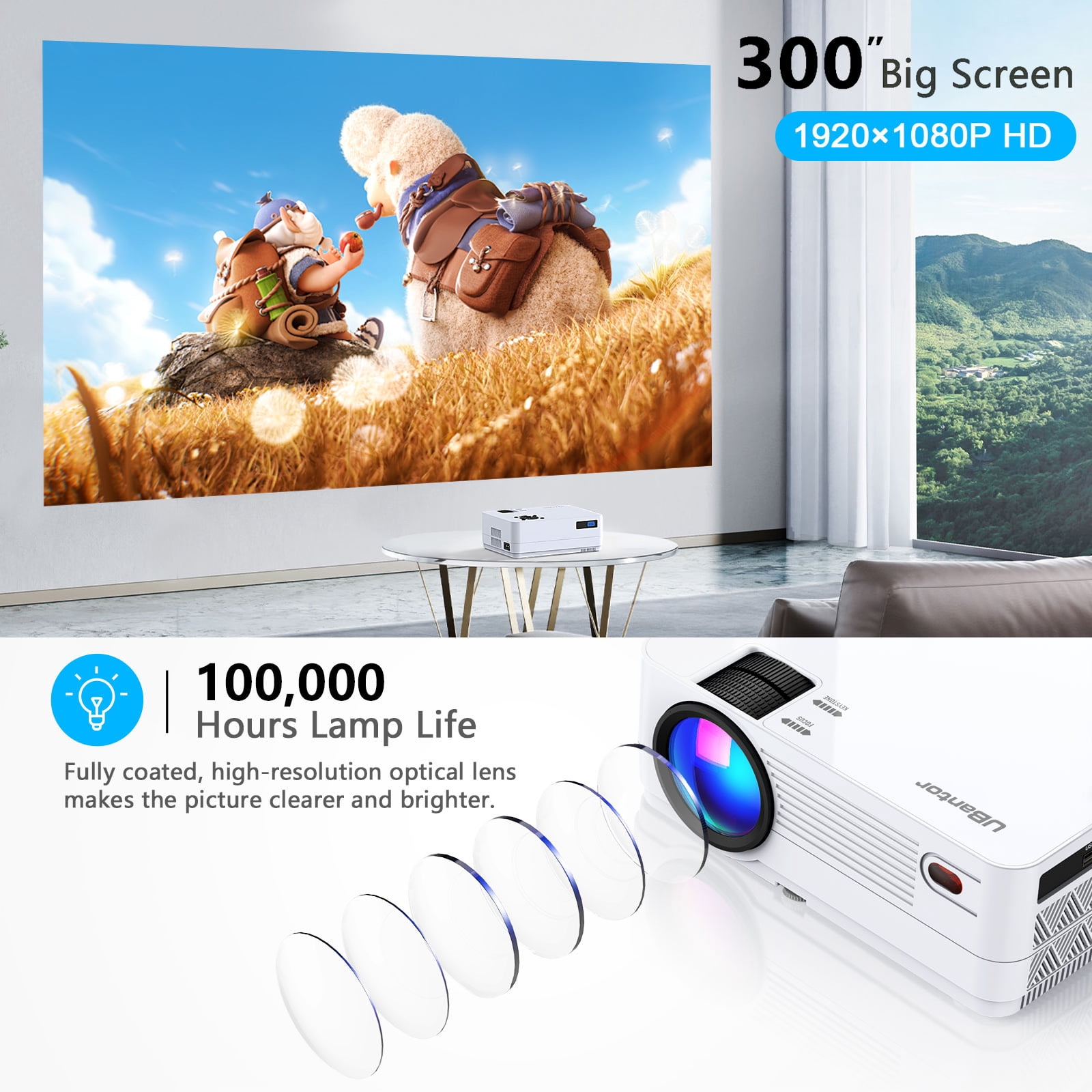 Projector with 5G WiFi and Two-Way Bluetooth, Native 1080P Full HD Movie Projector for Outdoor Movies, 300" Display Projector 4k Home Theater (Portable Bag and Tripod Included)