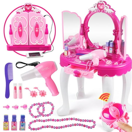 Princess Dressing Makeup Table Princess Girls Kids Vanity Table and Chair Beauty Play Set with Mirror Working Hair Dryer Pretend Princess Girls Makeup Accessories  Pink Birthday Gift