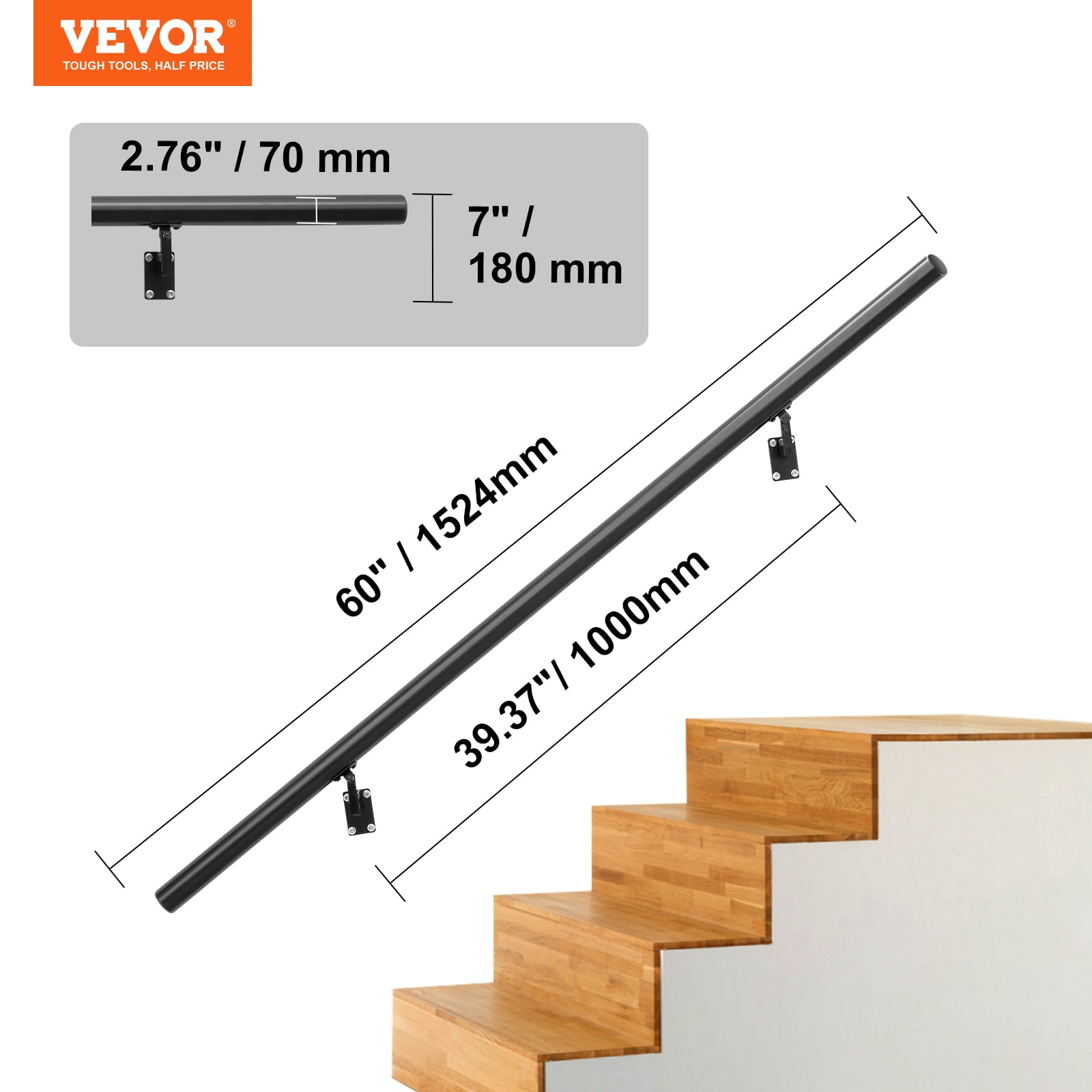 VEVOR 5 ft Wall-Mount Handrail Stair Railing Aluminum Alloy w/ Installation Kit