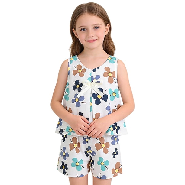 Conjunto de Pantalones Cortos de Verano para Niñas con el Top sin Mangas, Dos Piezas de Uso Casero, Vestido Corto de Verano