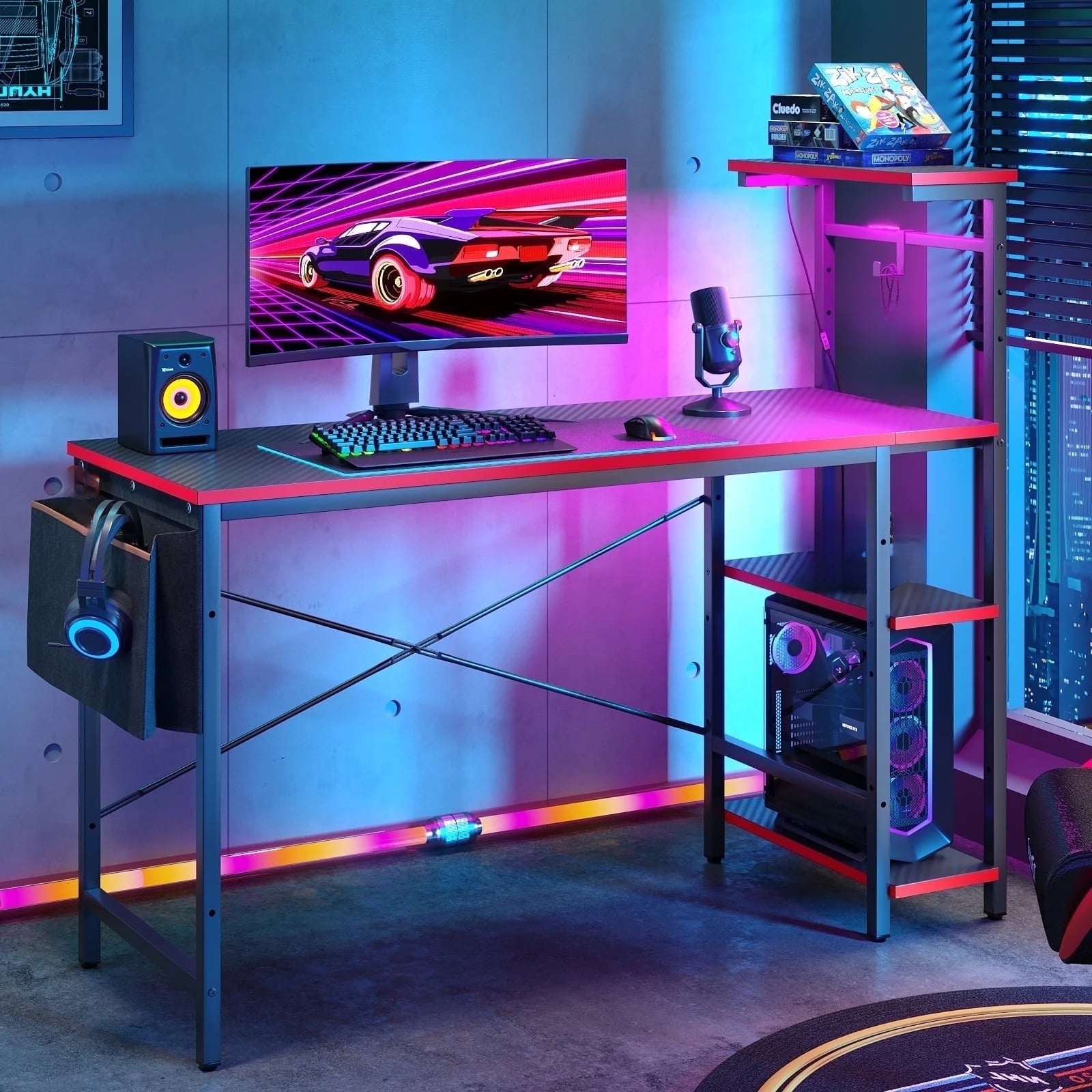Bestier 52 inch Gaming Desk with LED Lights & Reversible Storage Shelves,LED Gamer Desk for Home and Office,Computer Office Desk with with Side Storage Bag-Carbon Fiber Platform