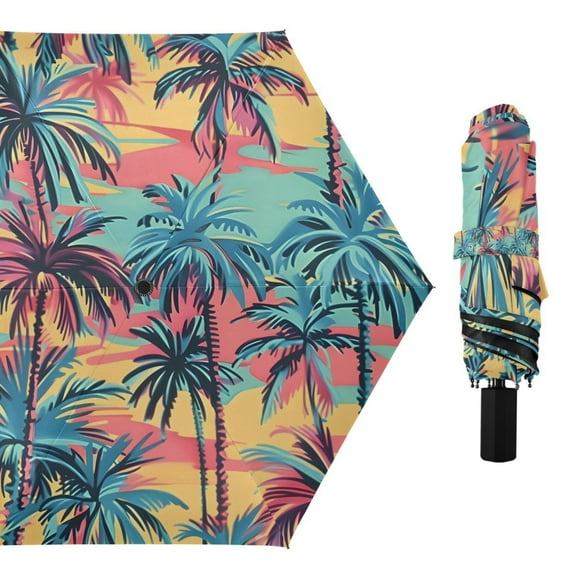 Colorful Palm Tree Compact Sun Umbrella Windproof Travel Umbrellas for Rain Strong Portable UV Protection