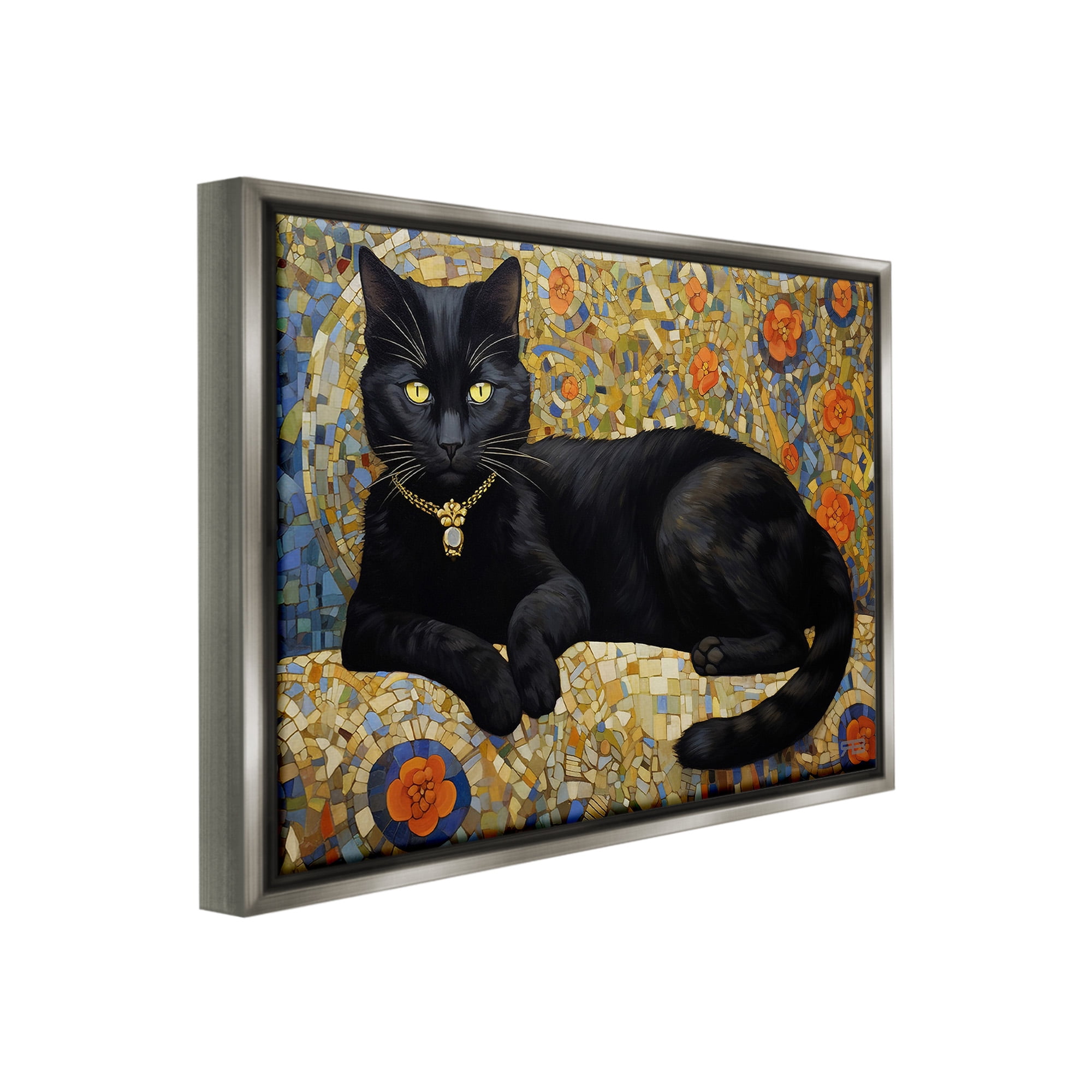 Stupell Industries Mosaic Patterned Cat Animals & Insects Painting Gray Floater Framed Canvas Art Print Wall Art, 31 x 25