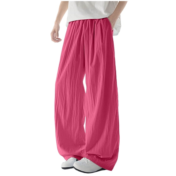 Ceisia Men's All-Season Solid Color Wide Gift Leg Pants Ice Silk Drape Fabric Elastic Waist Drawstring Pockets for Outdoor Casua l Daily