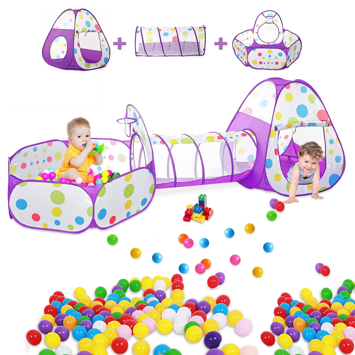 FURNIFE 3pcs Princess Castle Play Tent Crawl Tunnel and Ball Pit with Basketball Hoop for Girls Boys Babies Toddlers Indoor & Outdoor Foldable Kids Playhouse 