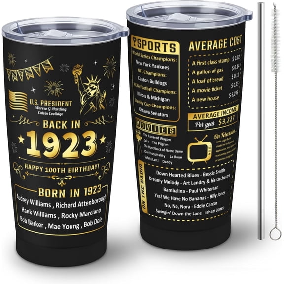 Gifts for 100 Year Old Woman Men, 100 Year Old Birthday Gifts for Women, Gifts for 100 Year Old Man, 100th Birthday Gift Ideas for Men Women, Back in 1923 Tumbler with Straw and Lid 20OZ 1PC