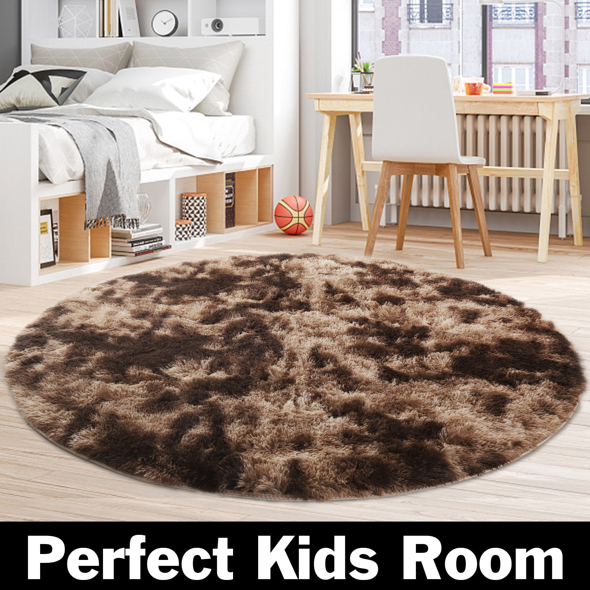 Brown Round Rug For Bedroom,Fluffy Circle Rug For Kids Room,Furry