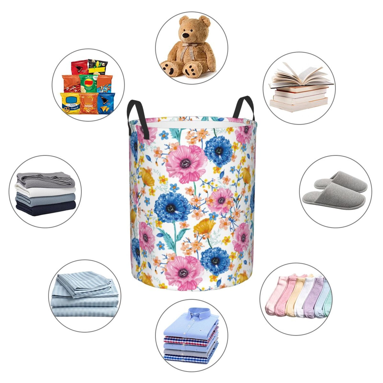Large Laundry Basket with Handles - Blue Pink Yellow Rose Flowers Kids Baby Dirty Clothes Laundry Hamper for Bedroom Aesthetic