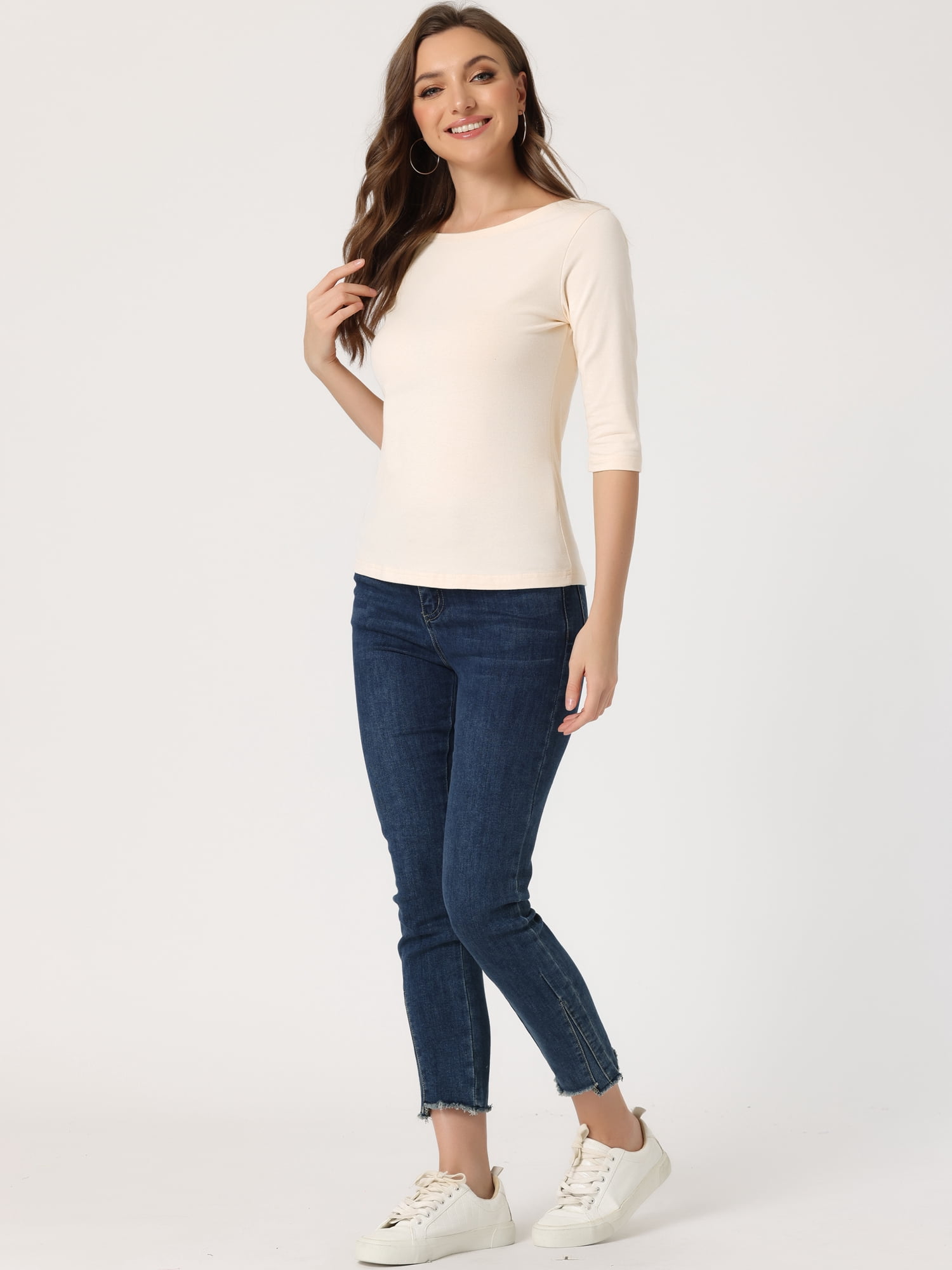 DARING DIVA Women's Elbow Sleeves Boat Neck Slim Fit Classic Tee M Beige